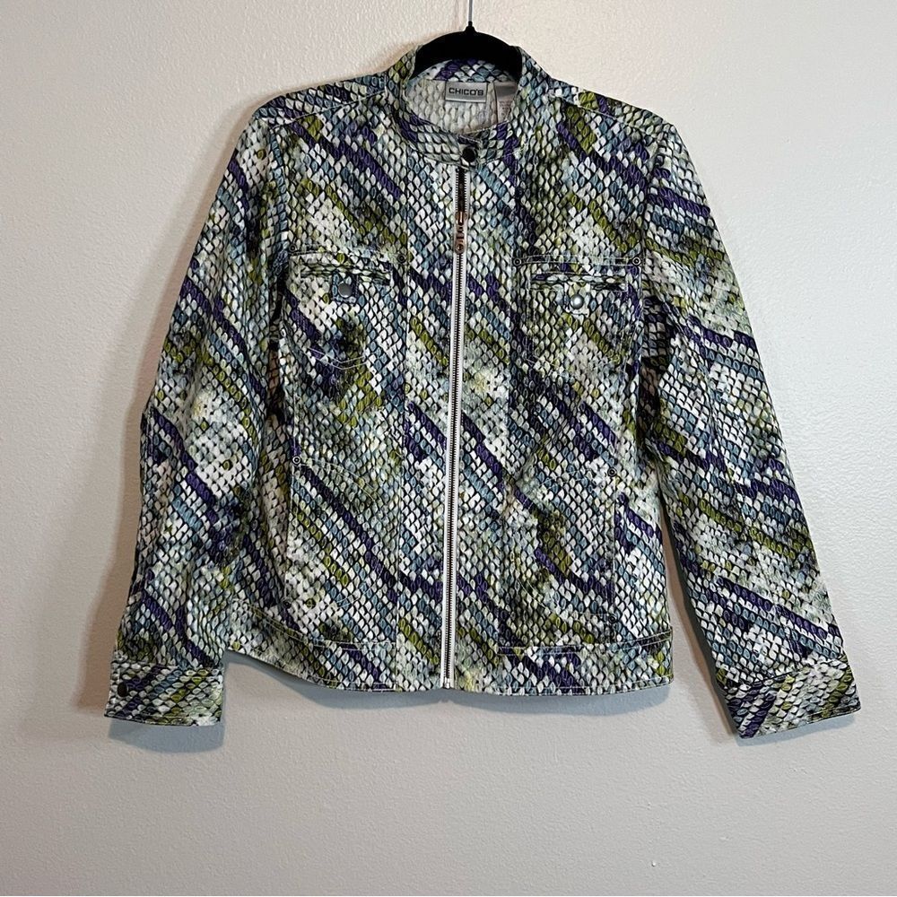 Chicos Jacket Size 1 (Med 8) Zip Up Snakeskin Print Stretch Purple Green Shimmer